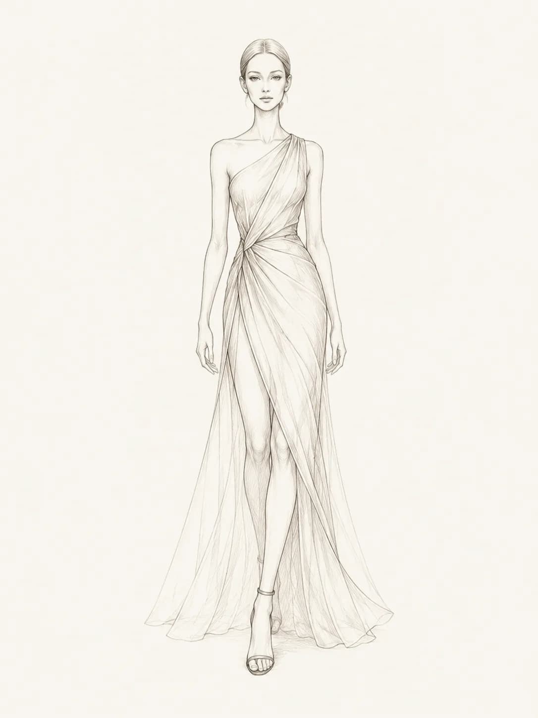 Croquis de mode au crayon d’une silhouette en robe drapée.