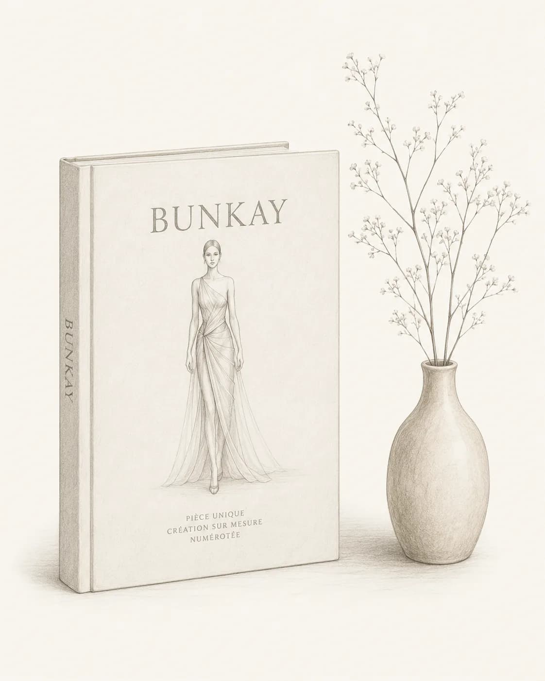 Livre-certificat BUNKAY d’une pièce unique, accompagné d’un petit vase de fleurs séchées.