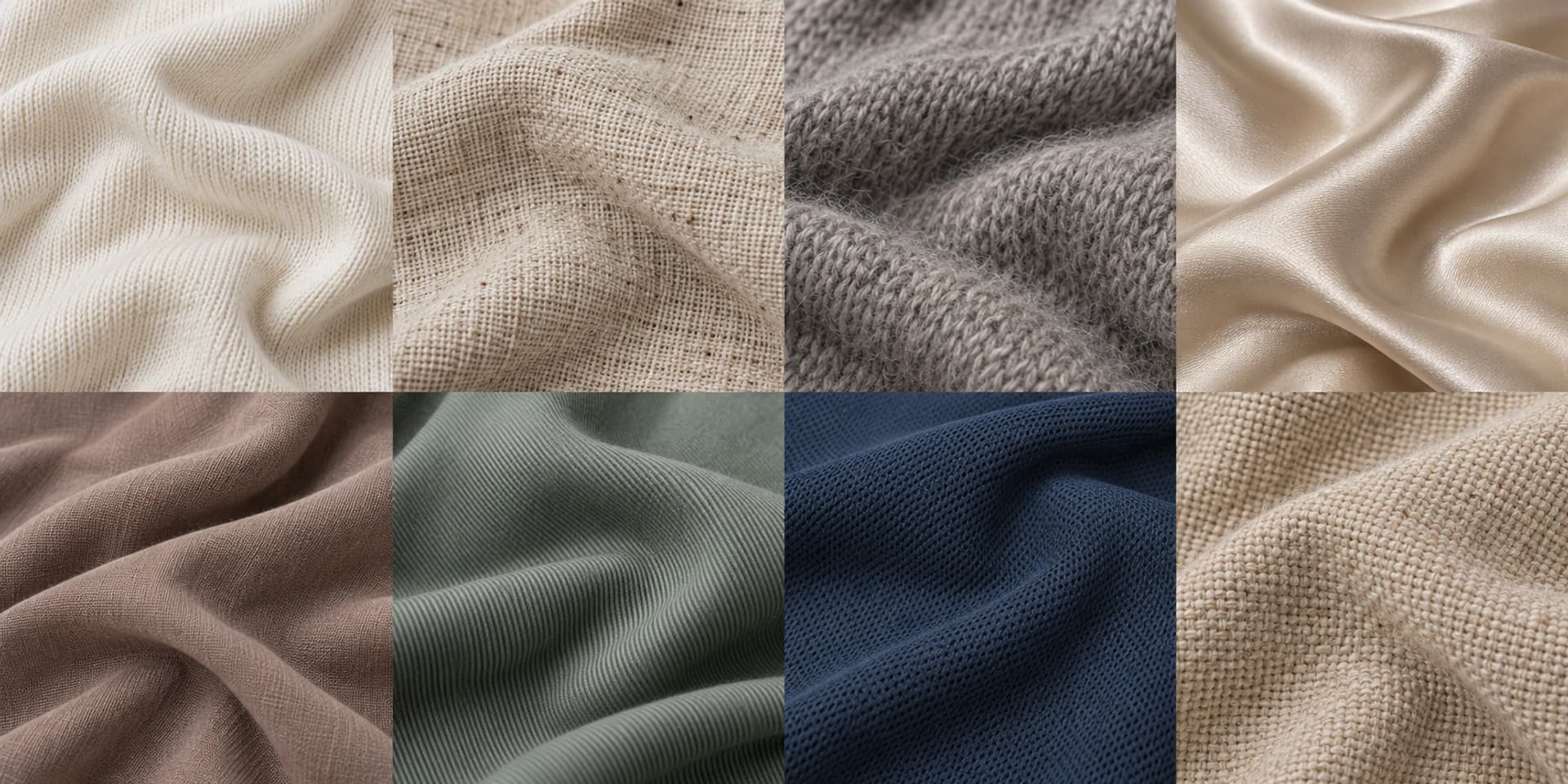 Huit textures illustrées : coton, lin, laine, soie, viscose, lyocell, polyester et chanvre.