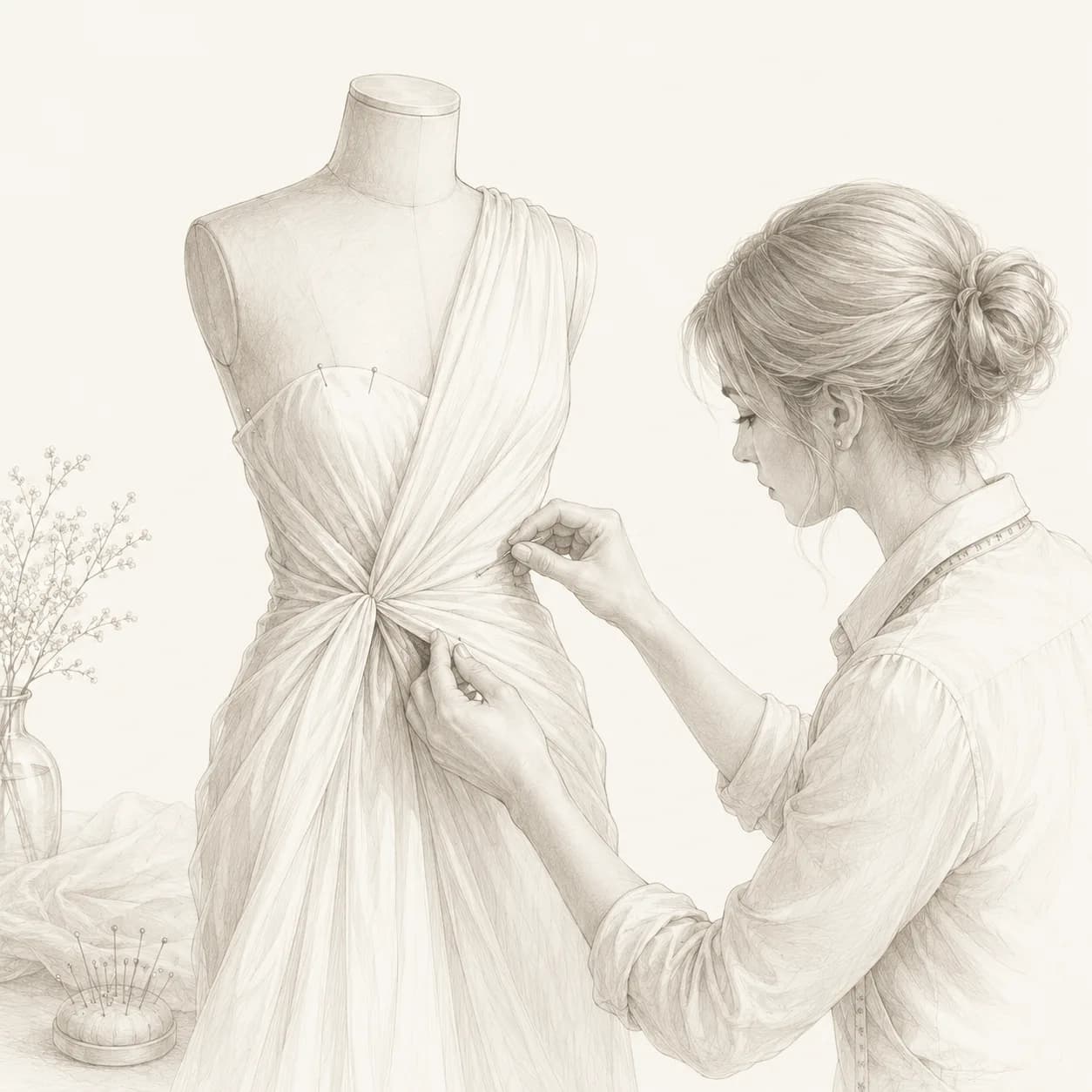 Illustration d’une couturière réalisant la robe sur son mannequin d’atelier