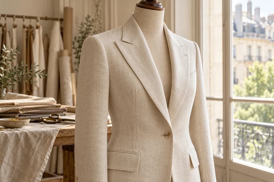 Illustration d’atelier : veste en lin écru sur un mannequin de couture