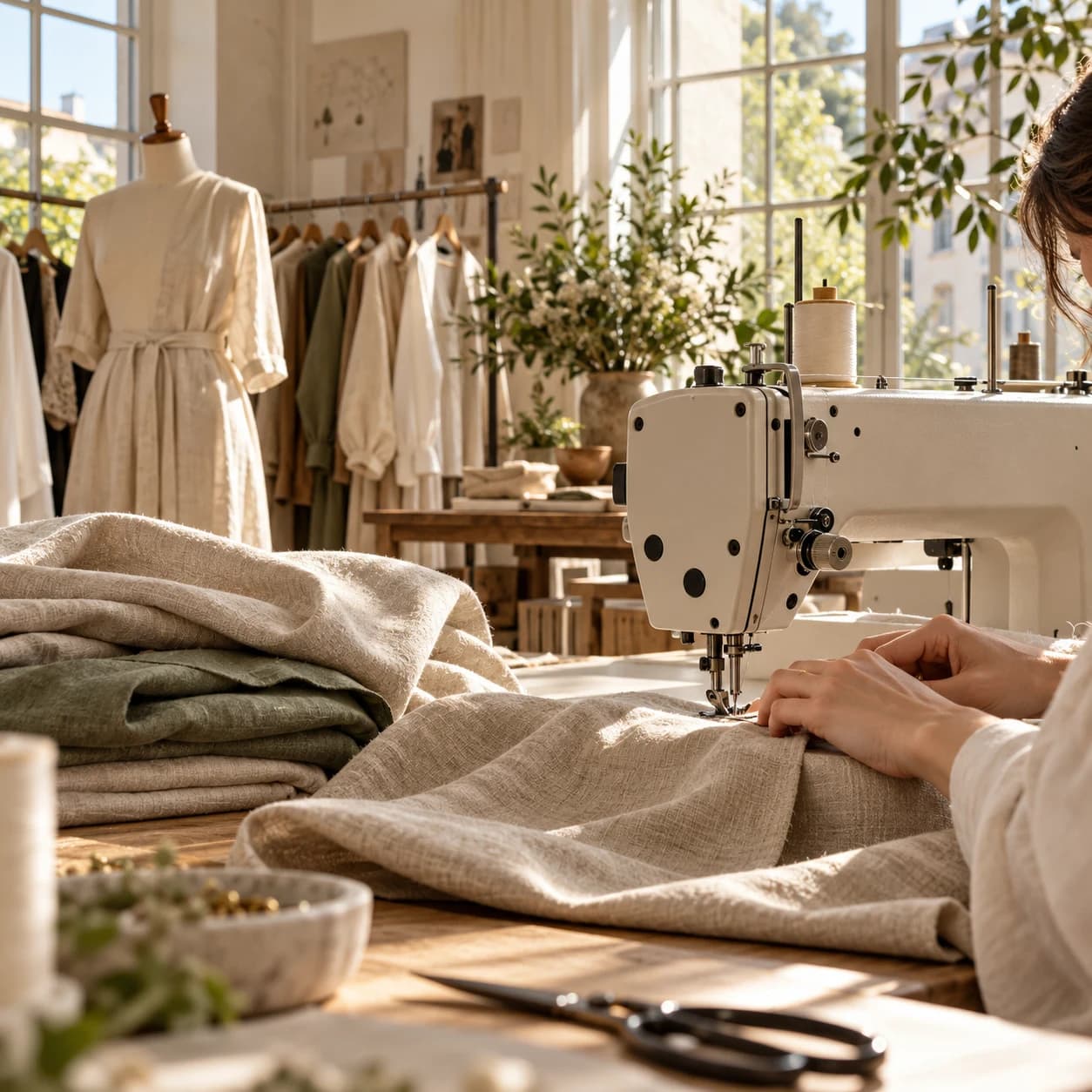 Ambiance d’atelier lumineux, machine à coudre et tissus naturels
