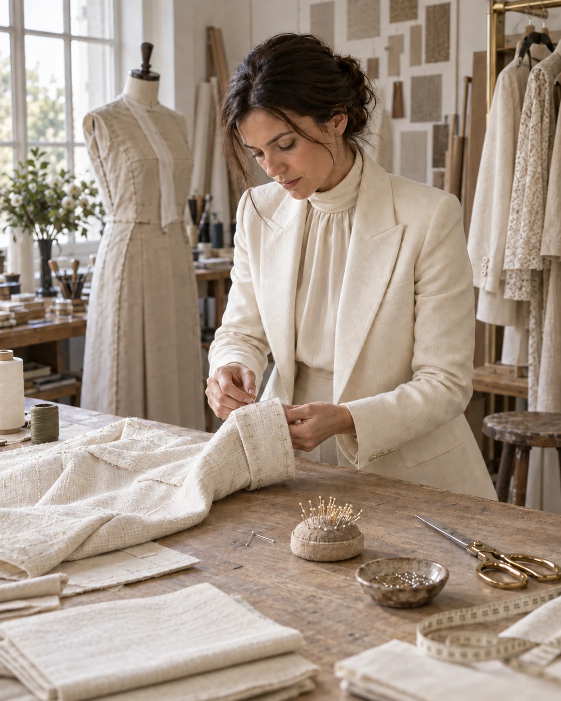 Une couturière en blouse à col fermé travaille une manche dans son atelier.