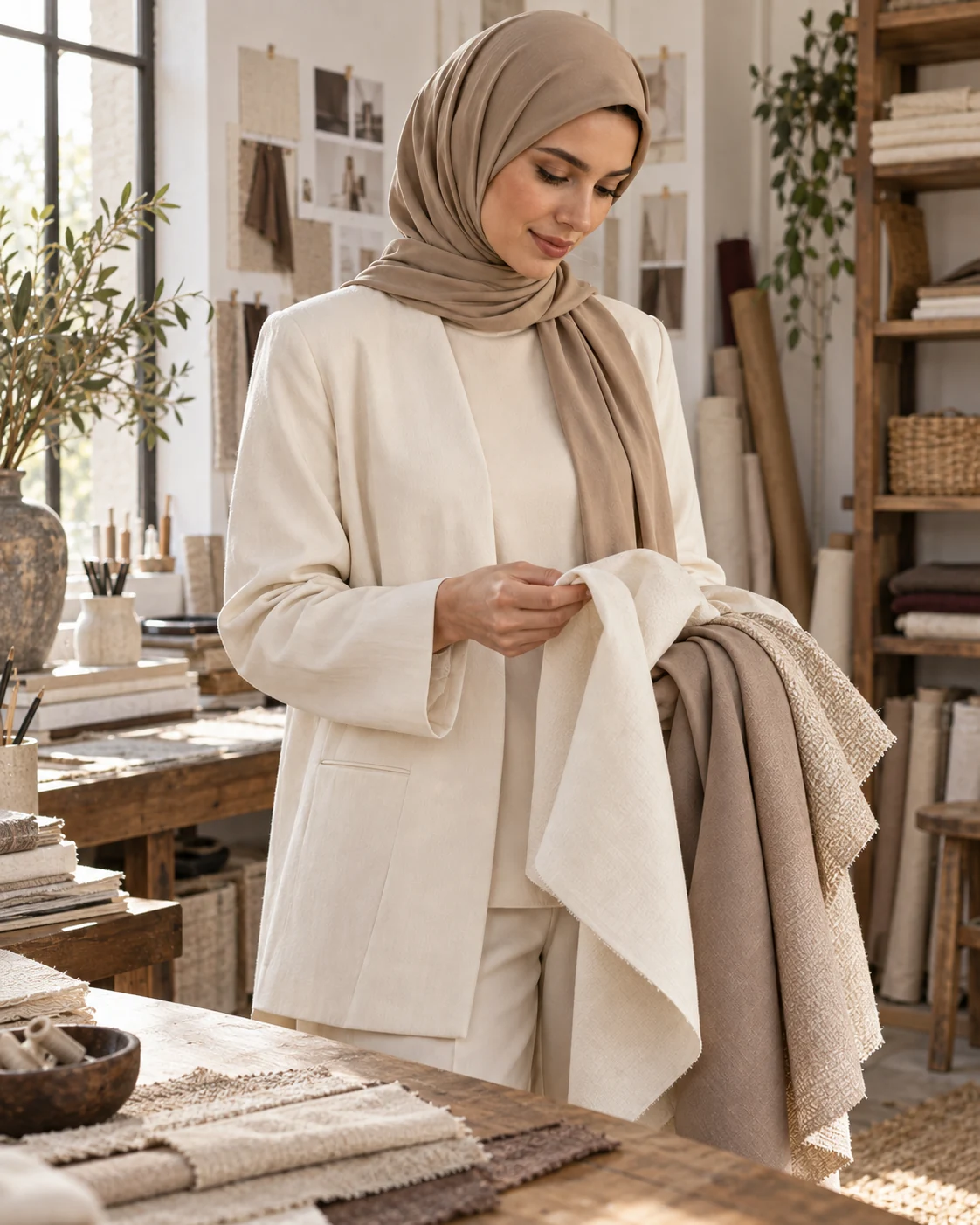 Une femme voilée en tenue ivoire compare des tissus dans un atelier.