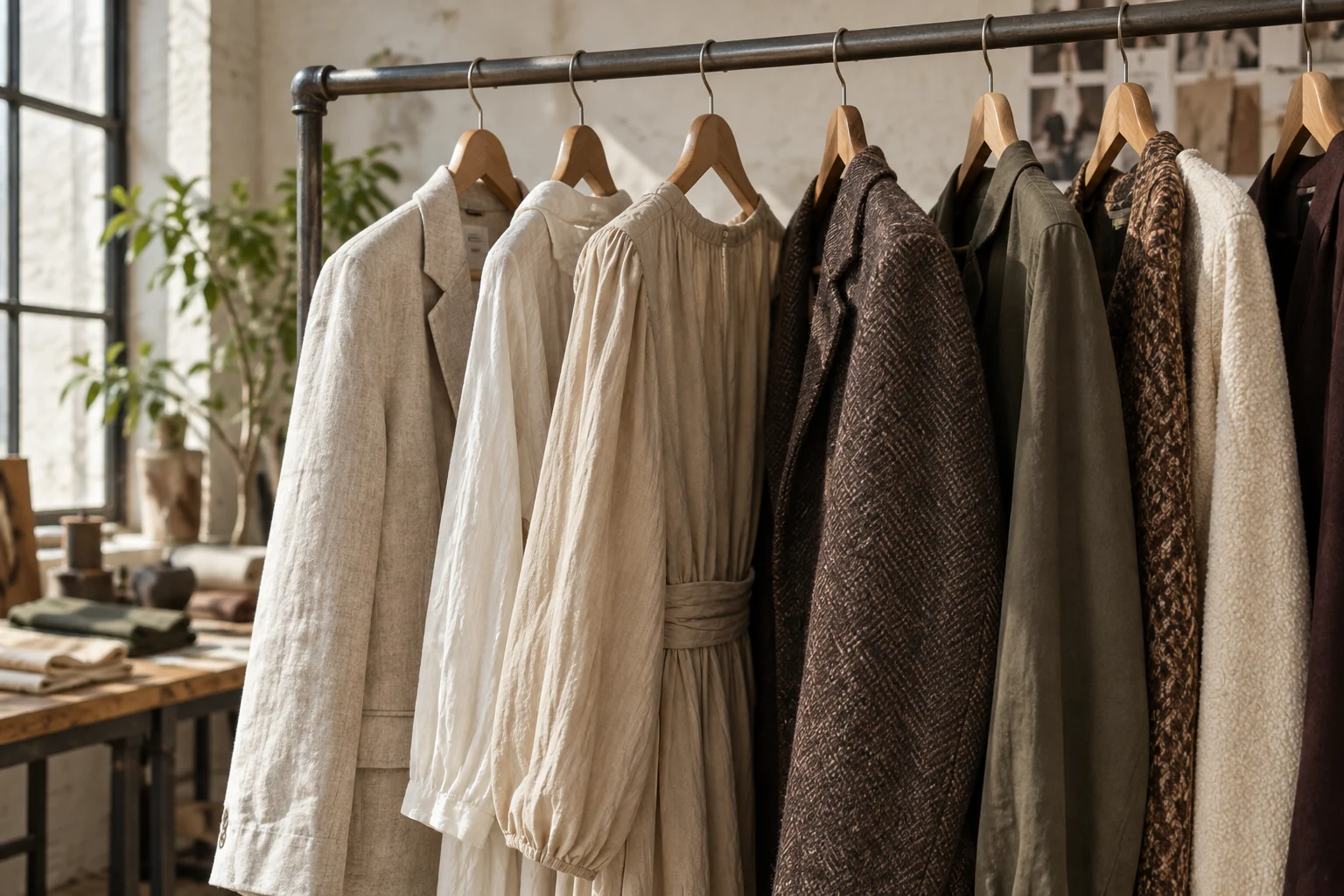 Des vêtements ivoire, sable et cacao sur un portant d’atelier.