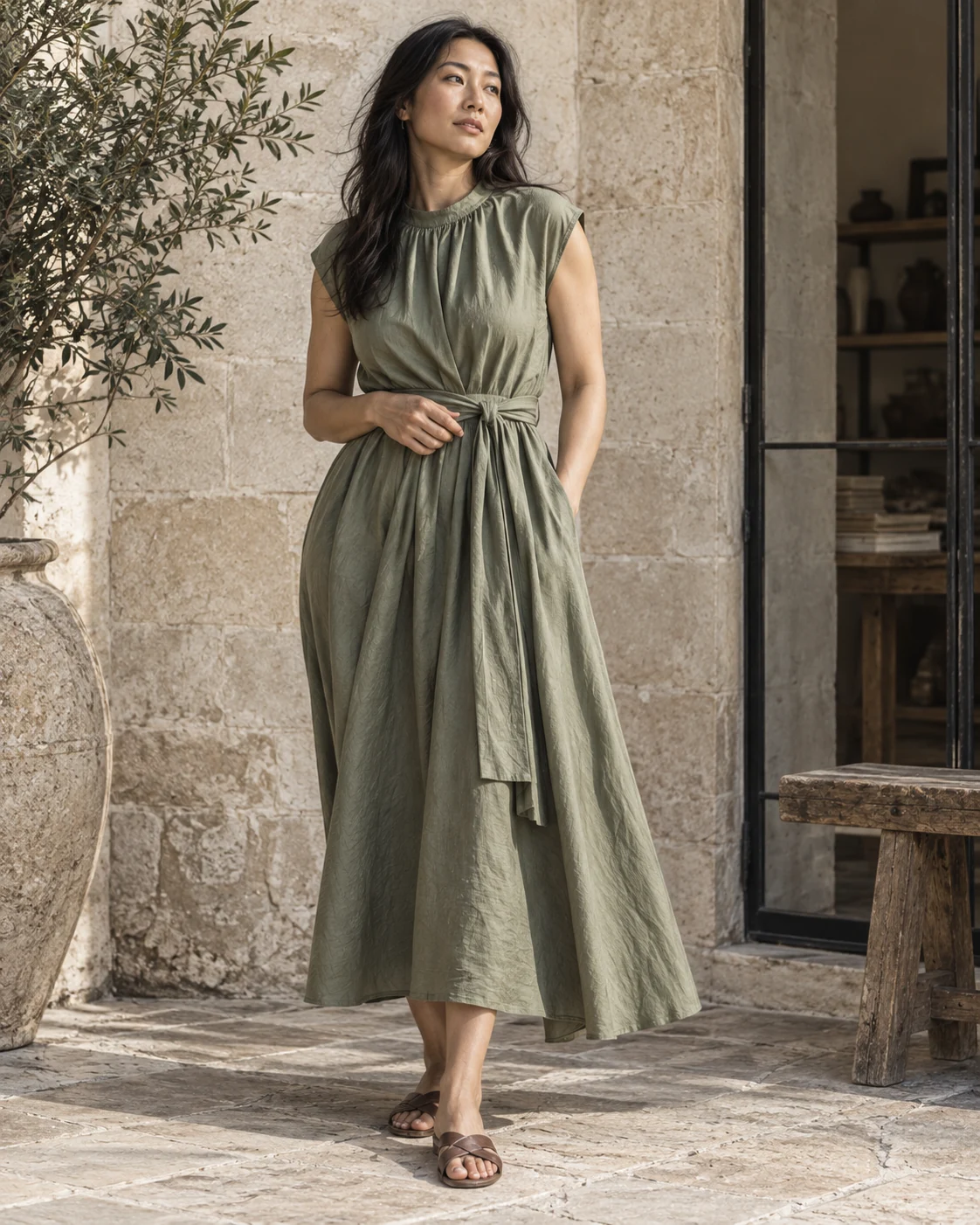 Une femme aux cheveux longs porte une robe fluide couleur sauge.