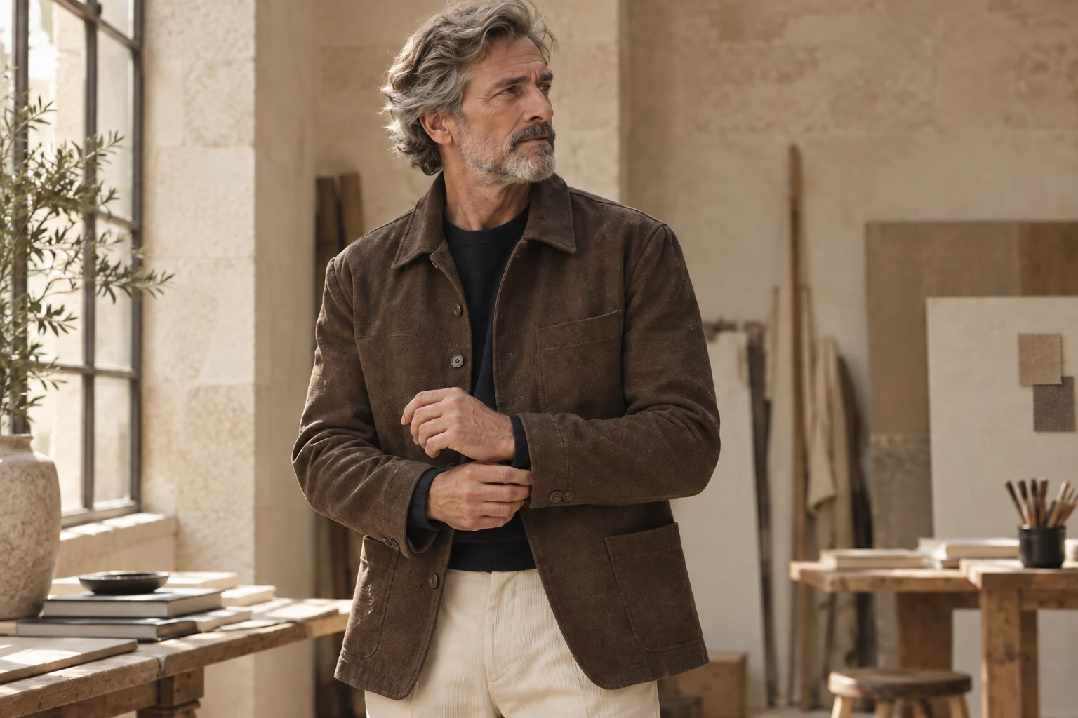 Un homme aux cheveux poivre et sel ajuste sa veste texturée couleur cacao.